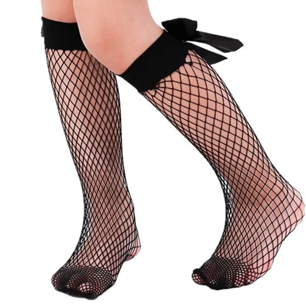 Black ruffle bow fishnet socks knee high gothic Lolita dollbaby sexy stockings